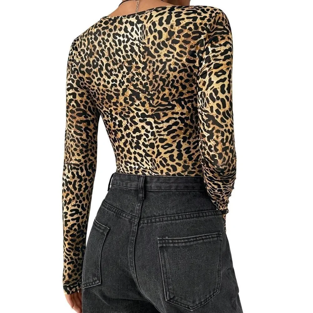 Leopard Print Long Sleeve Bodysuit Beige Brown | Sexy Animal Print Top Size S - Picture 3 of 10